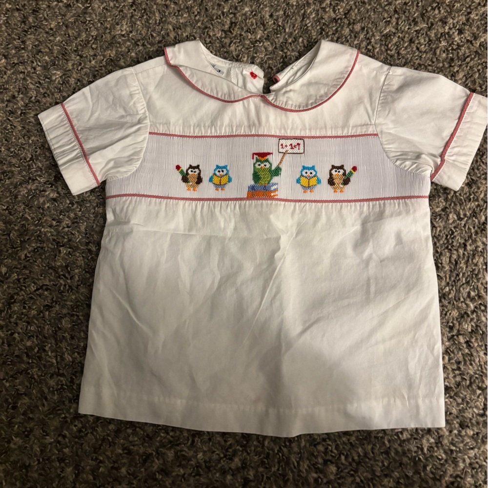 Beauxet Belles Size 3 Collared White Kids Tee with Owl Embroidery